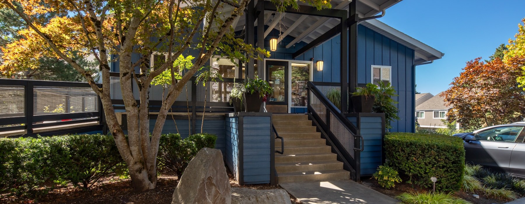 a leasing office with a tree and a sidewalk
