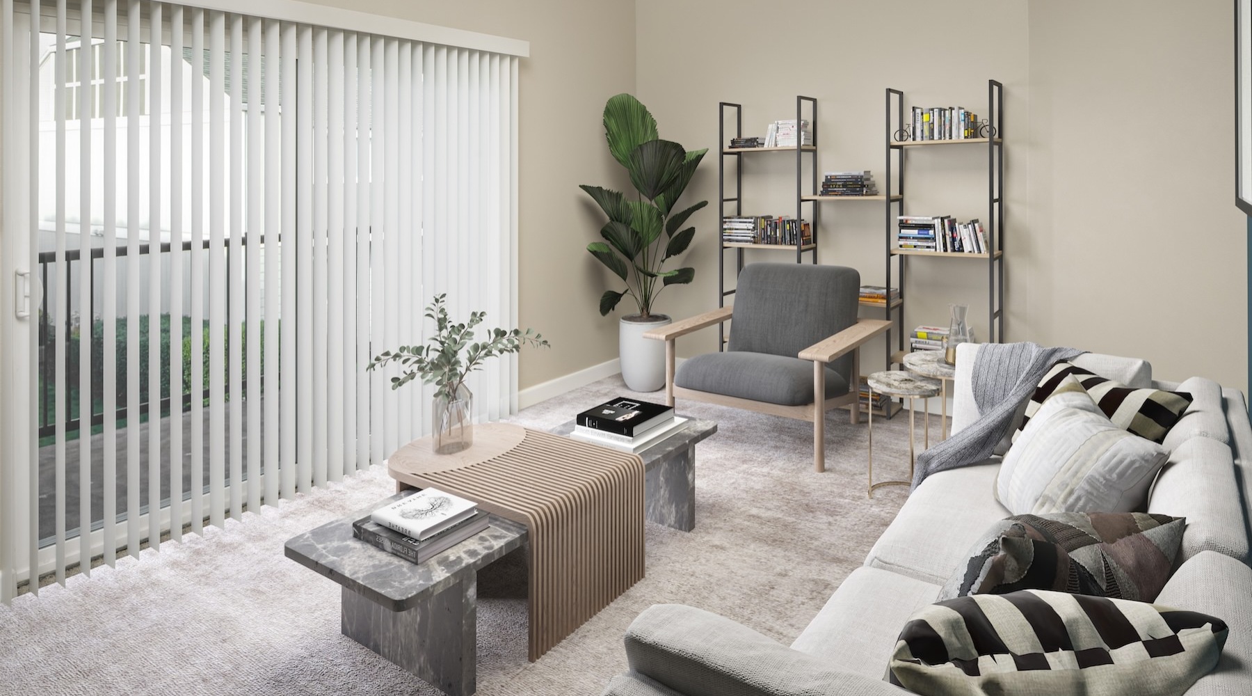 a living room with a couch, chair and coffee table
